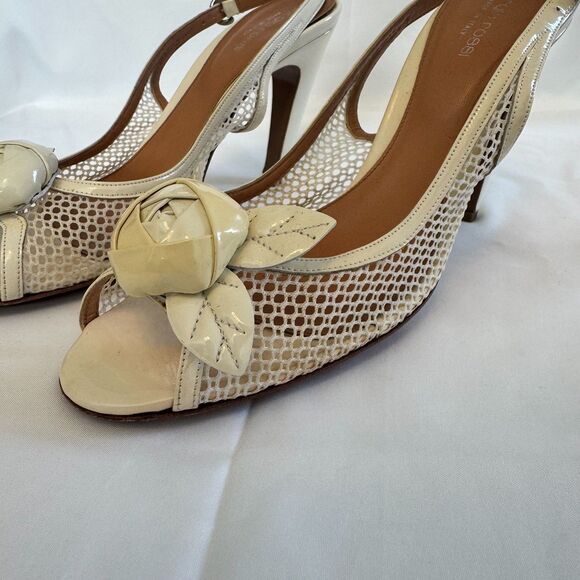 Sergio Rossi Women's Off White Patent Leather Slingback Floral Sandal Size 9 - Picture 4 of 9